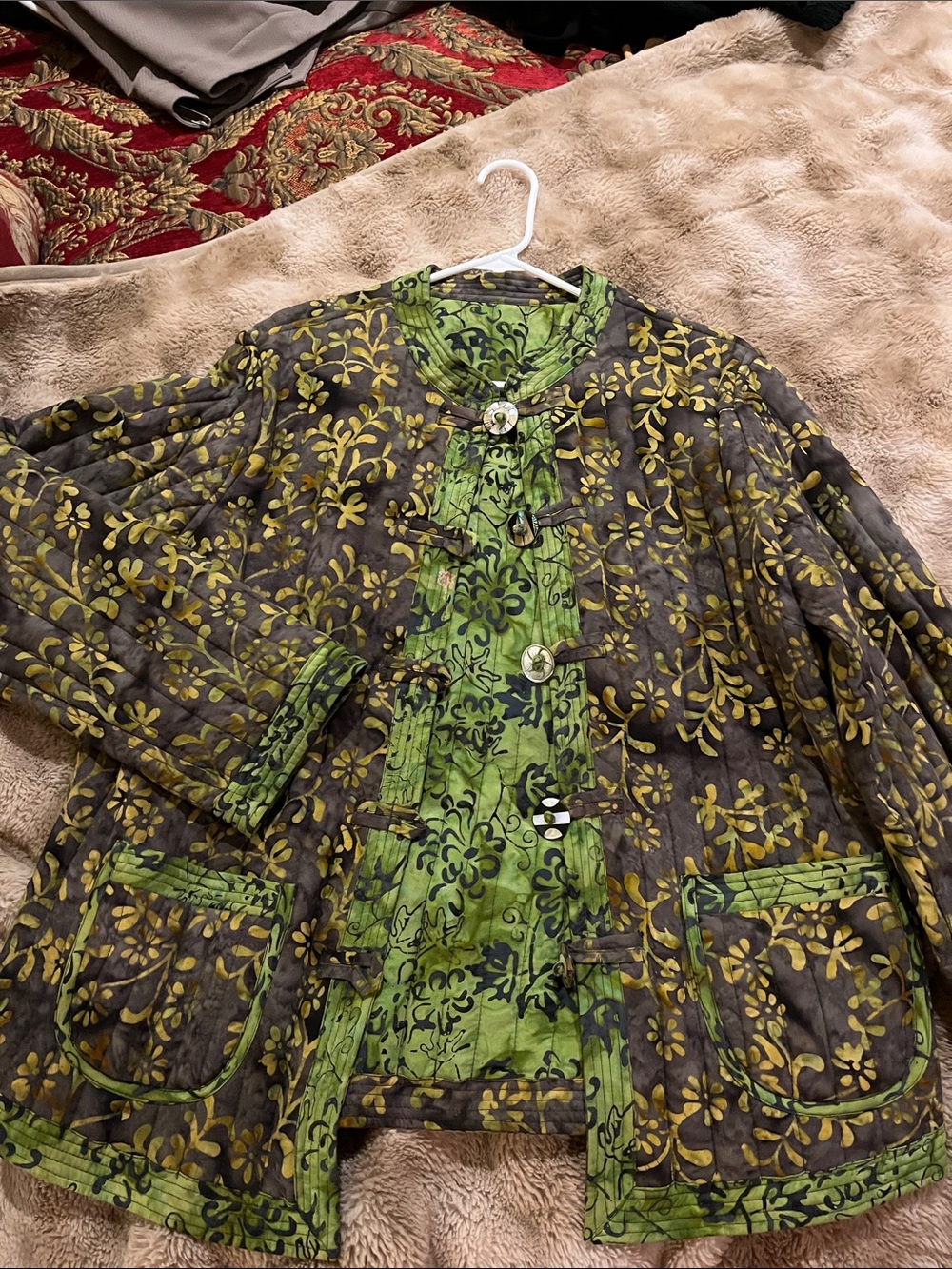 Hand Crafted Green and gold Floral Quilted Jacket japanese style